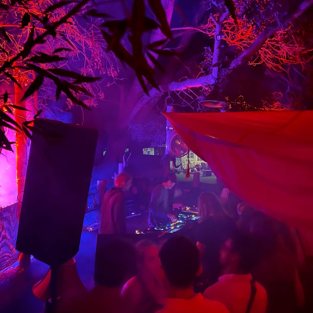 A DJ performs outdoors under red and purple lighting surrounded by trees