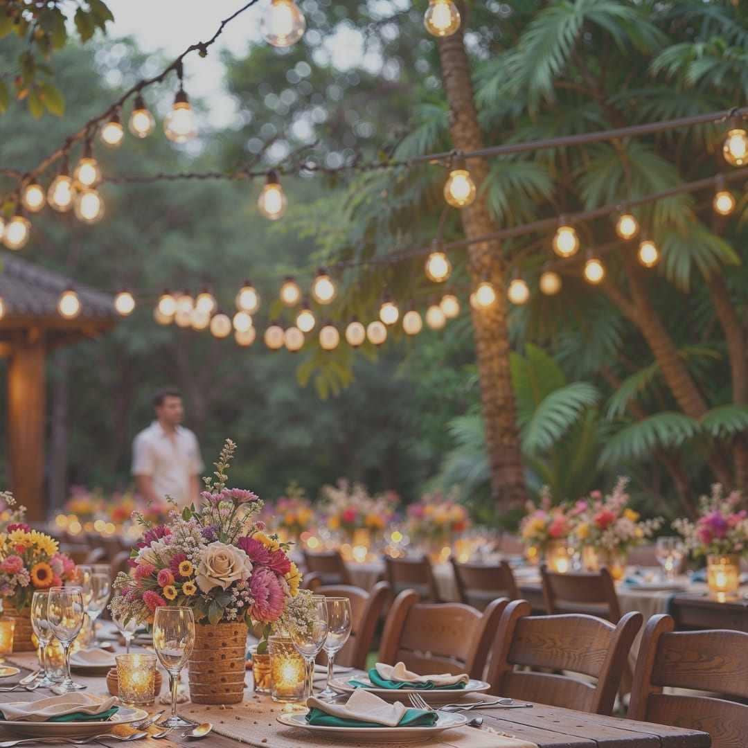 String lights hang above dinner tables set with flowers in an outdoor tropical setting